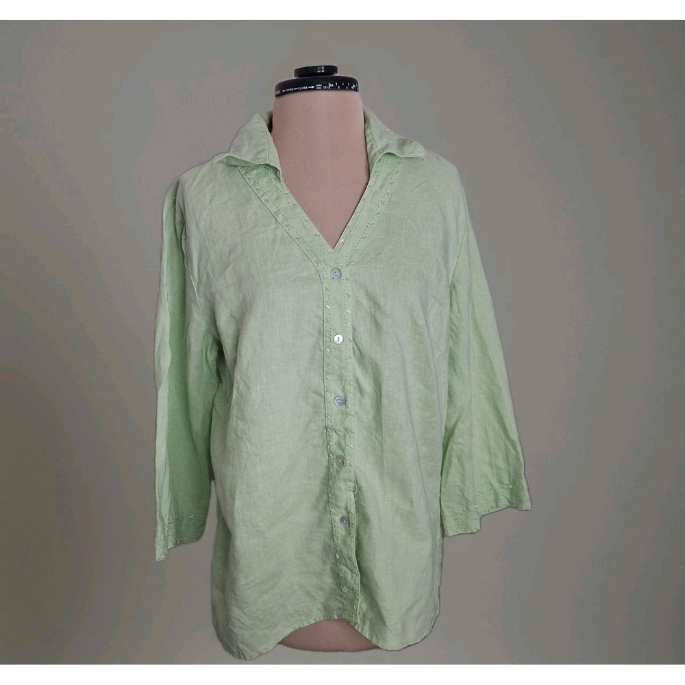 Edward Irish Linen Green Sz 14 Linen Embroidered Beaded Collared Button‎ Up Top